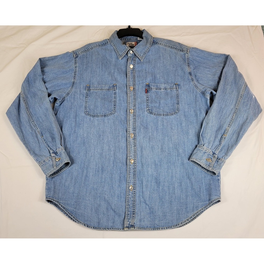 Levis Jeans Mens Large Light Wash Denim Button Up Shirt Long Sleeve Cotton L